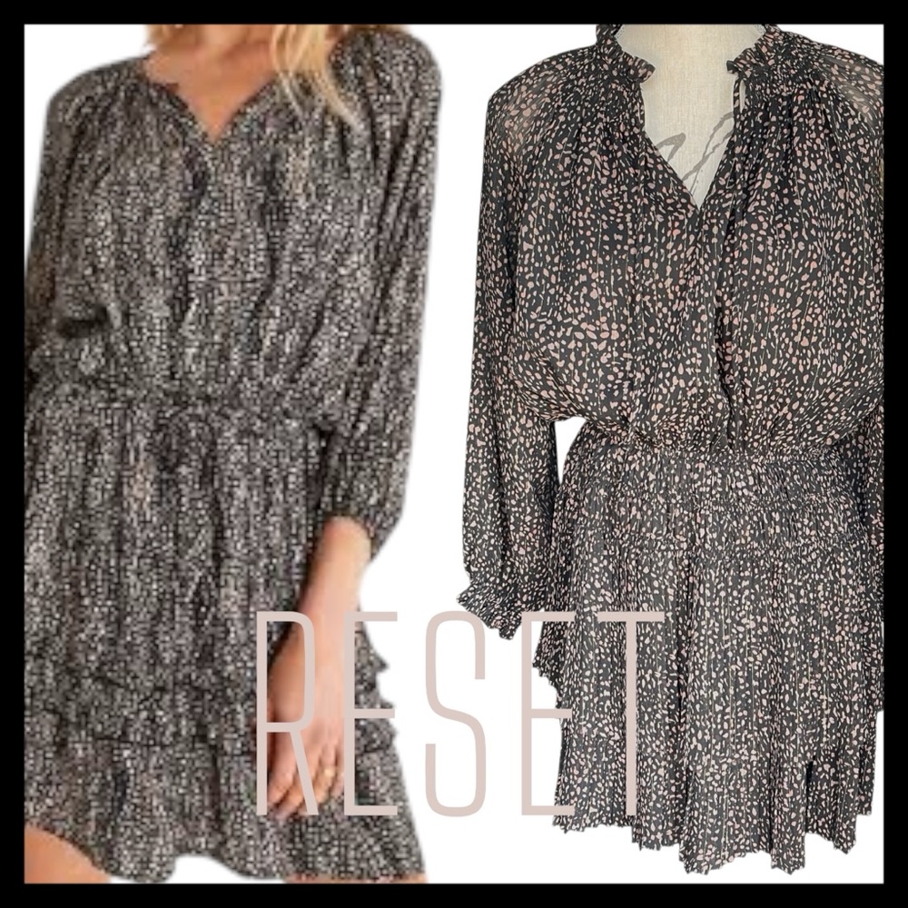 RESET by Jane Black/Taupe/Pink/Gold Long Sleeve Tie Neck Layered Pleated Dress M